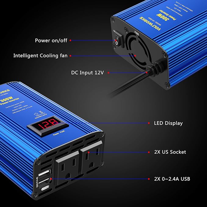 Power Inverter 300W Car Inverter DC 12V to 110V AC Converter with LED Display & 2x2.4A Dual USB Car Adapter Charger Compatible with Lithium Battery by VOLTWORKS