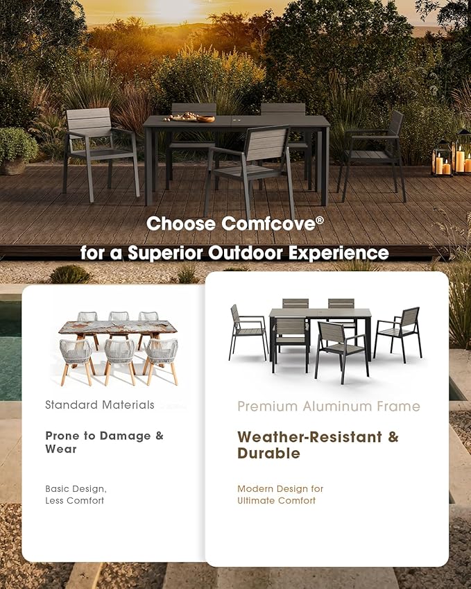 Outdoor Patio Dining Table, HDPE & Aluminum Outdoor Table with Umbrella Hole, All-Weather for Deck, Garden, Lawn, Backyard, Poolside and Indoor Use (Classic Gray)