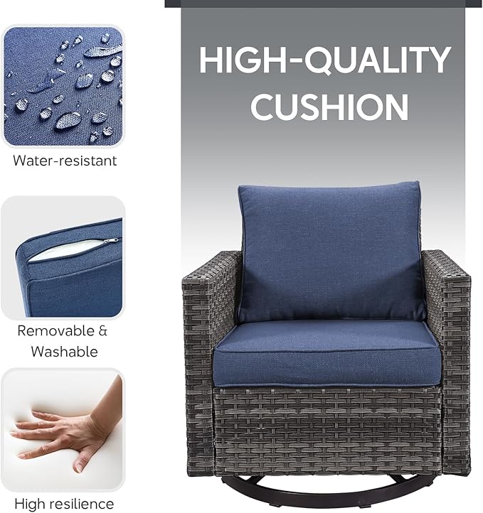 5 Piece Wicker Patio Furniture with Fire Pit Table - Outdoor Conversation Set with 50,000 BTU Fire Pit, All Weather Rattan Patio Set for Deck Backyard Garden - Grey Wicker Blue Cushion