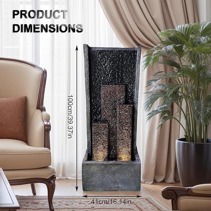 39.37" H Modern Water Fountain with Lights & Pump, Indoor/Outdoor Cascading Resin Waterfall Standing Fountain for Garden, Patio, Yard, Christmas Decor