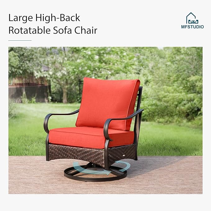 MFSTUDIO 5 Pieces Outdoor Patio Furniture Set, Metal Outdoor Conversation Sofa, Rattan Wicker Patio Sectional Sofa Set with 4 x Swivel Single Sofa, 1 x Fire Pit Table, Red