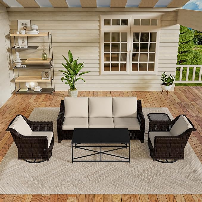 Vista Vibe 5 Pieces Outdoor Rattan Patio Conversation Furniture Set - 78" 3-Seat Sofa | 2 Swivel Glider Rocker Chairs | Wicker End Table | Metal Table, Upholstered Loveseat, Deck (Brown/Beige)