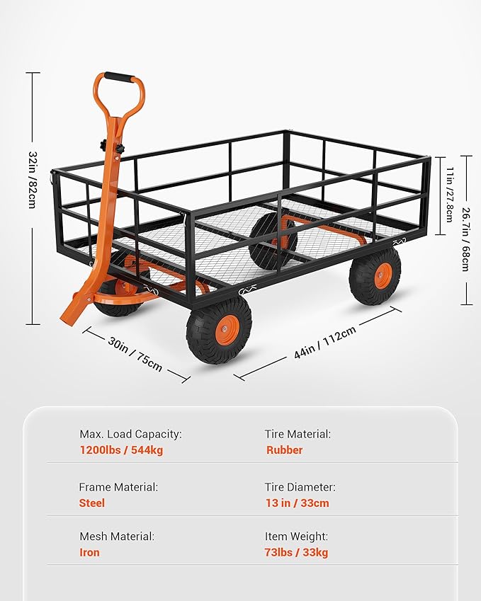 1200LB Capacity Garden Cart, 3-in-1 Heavy Duty Utility Wagon with 13" All-Terrain Tires, Removable Mesh Sides & 180° Swivel Handle - Outdoor Yard Cart for Gardening, Farming, Patio Use