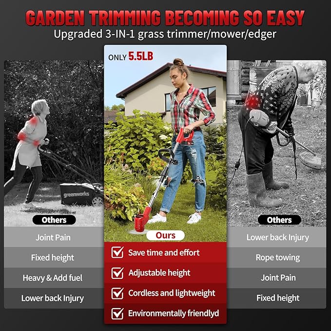 Cordless Electric Weed Wacker, 21V Battery Powered Weed Wacker with 3 Types Blades&2x2.0Ah Battery, Foldable Lightweight Weed Trimmer/Stringless Grass Trimmer/Brush Cutter with for Garden Yard