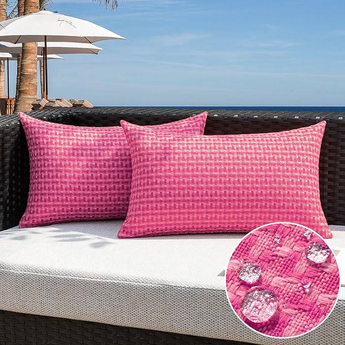 Kevin Textile Outdoor Waterproof Throw Pillow Covers Pack of 2 Valentines Day Farmhouse Decorative Cushion Covers for Garden Patio Tent Balcony Bench Couch Sofa 12x20 Inch, Hot Pink