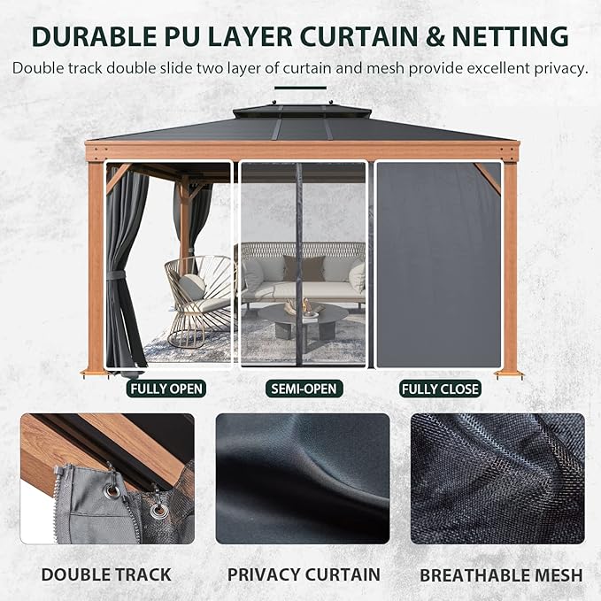 YOLENY 10'x13' Hardtop Gazebo, Galvanized Steel Double Roof with Wood Grain Aluminum Frame,Outdoor Gazebo with Curtains and Nettings for Patio, Backyard and Deck