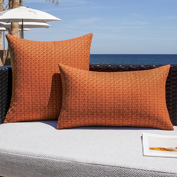 Kevin Textile Fall Outdoor Waterproof Throw Pillow Covers Pack of 2 Farmhouse Decorative Cushion Covers for Garden Patio Tent Balcony Bench Couch Sofa 20x20 Inch, Burnt Orange