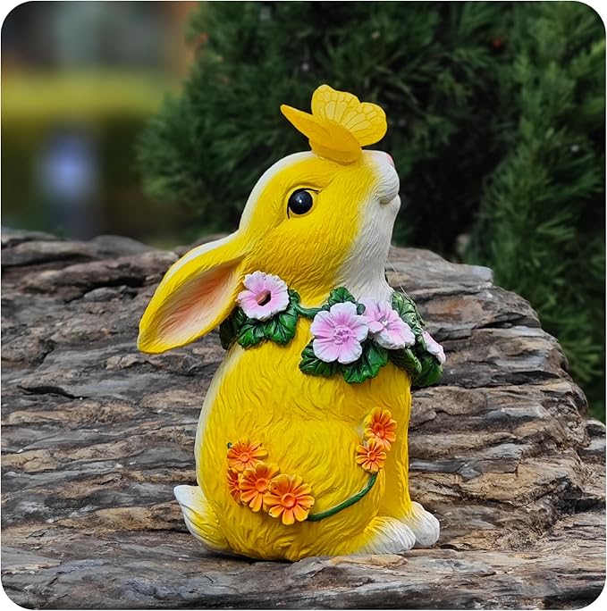 Solar Resin Rabbit Garden Outdoor Statue – Yellow Bunny Figurines with LED Floral Wreath & Butterfly, Decor for Patio Lawn Porch Yard Ornaments for Mom Grandma Wife