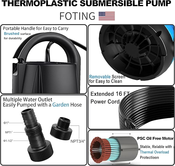 FOTING Sump Pump 1HP Automatic Submersible Water Pump, 4600GPH Utility Pump Thermoplastic Electric Portable Transfer Water Pump for Swimming Pool Garden Pond Basement with 16ft Long Power Cord