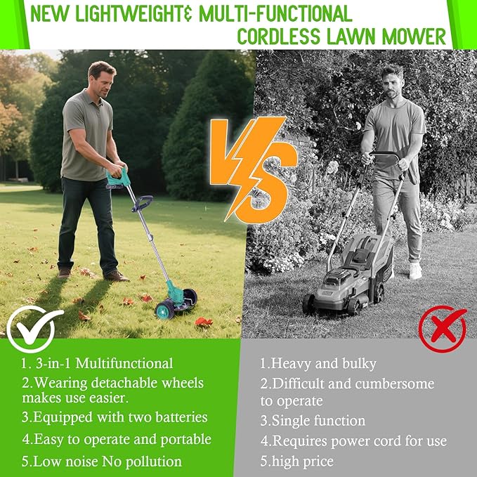 Weed Wacker Cordless Adjustable Weed Eaters 3 in 1 Electric String Trimmer Lawn with Two Battery with Charger Comes with Multiple Blades for Yard,Green,Garden(Sky Blue)
