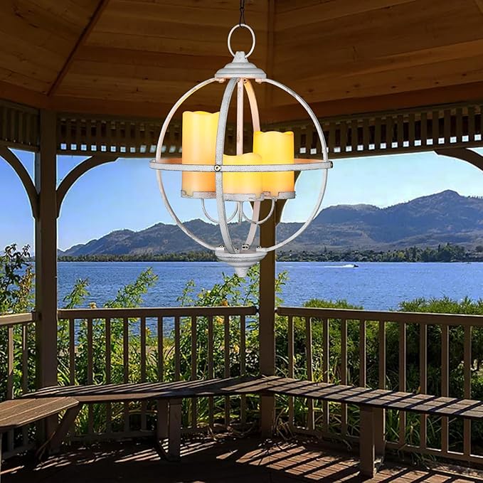 Battery Operated Outdoor Candle Chandelier - White Metal Globe Hanging Pendant Light with 3 Flameless Candles, 12.6" Waterproof Lights for Gazebo, Pergola, Garden, Porch & Backyard