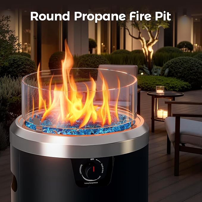 BALI OUTDOORS Propane Fire Pit Black, Column Outdoor Fire Pit Round, Outdoor Firepits for Outside Garden, Patio
