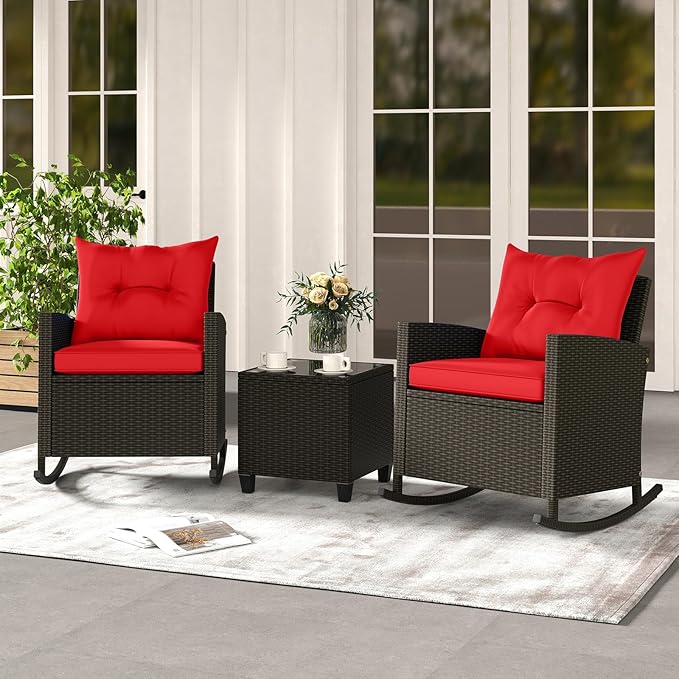 ORALNER 3 Pieces Wicker Rocker Set Patio Furniture Set, Outdoor Rocking Chairs with Soft Cushions, Glass Coffee Table, Rattan Conversation Bistro Set for Front Porch Balcony Garden Deck Poolside (Red)