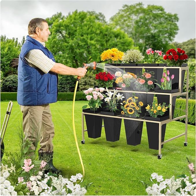 Flower Display Stand 3 Layers with Buckets, 12 PCS Buckets Plant Stand with Wheels, Movable Metal Plant Stand for Terrace Garden, Living Room, Florist Shop