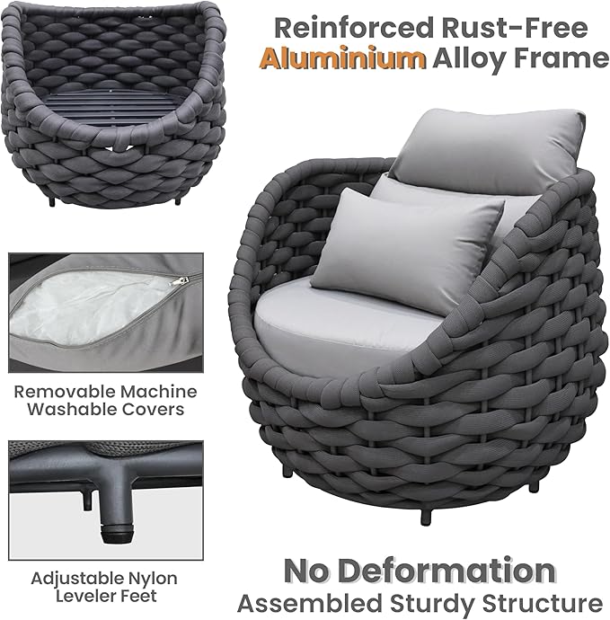 4 PCS Patio Rope Armchair: Aluminum Woven Accent Chair - Cushioned Lounge Chair with Arms - Modern Garden Chair Assembled - All Weather 400lbs Outdoor Seating Porch Furniture Deck Balcony Hotel