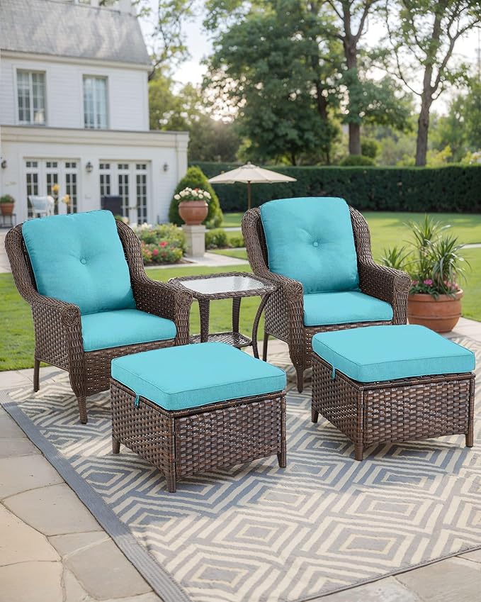 3 Piece Patio Brown Wicker Chairs with Side Table - Outdoor High Back Heavy Duty All-Weather Lawn Dining Rattan Chair Conversation Bistro Set for Deck Porch Balcony Backyard Garden - Turqoise