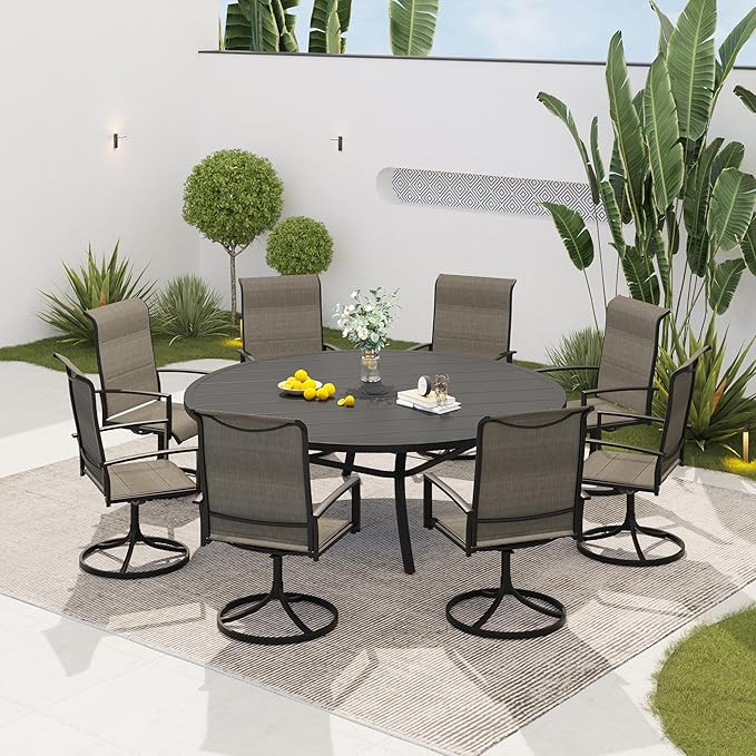 VICLLAX 60" Outdoor Round Patio Dining Table for 8-10, All Weather Metal Dining Table with Umbrella Hole for Deck Lawn Garden Backyard, Black