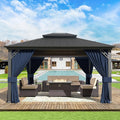 Gotland 12' x 14' Navy Hardtop Gazebo with Curtains and Netting, Double Roof Iron Metal Pergola for Patio, Garden, Lawn
