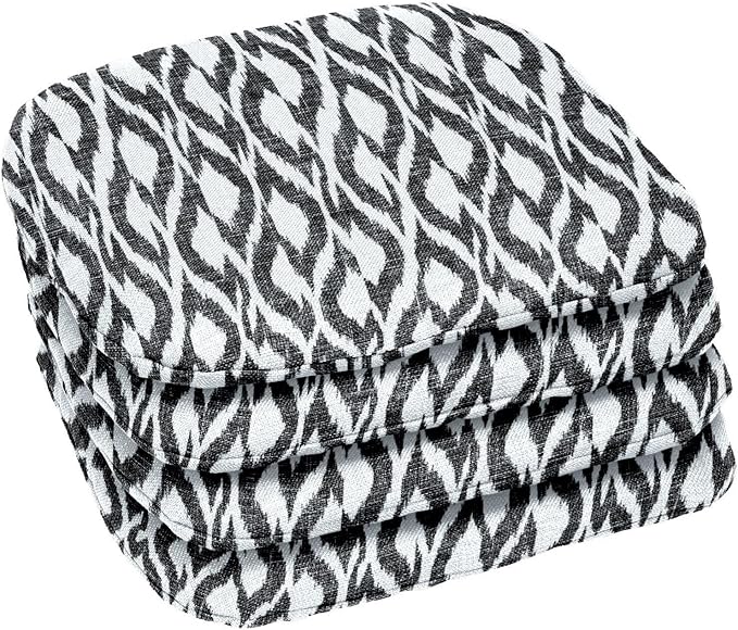 BrylaneHome Indoor/Outdoor Chair Pads (Set of 4) - 16" L x 15.6" W - Water, Stain & Fade Resistant - Black Ikat