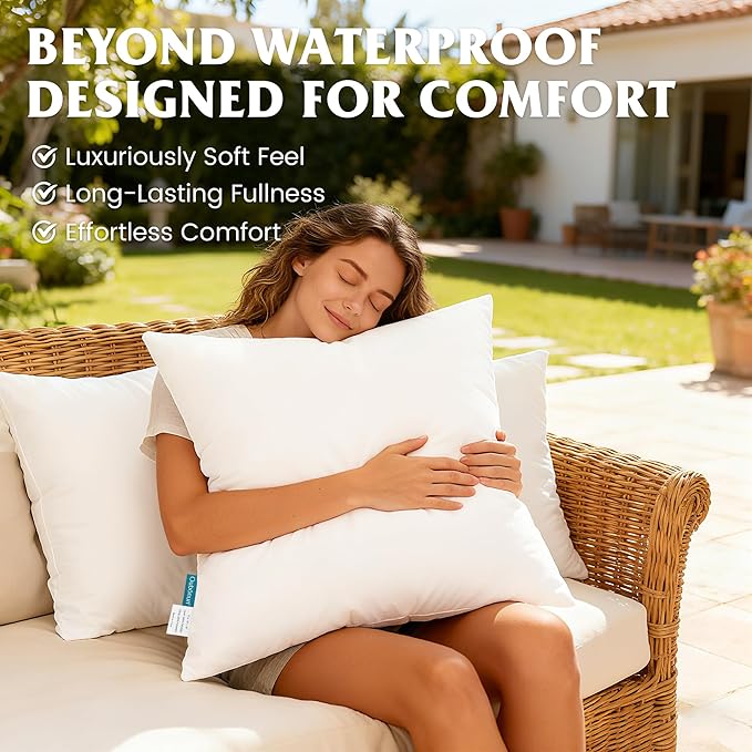 Oubonun 24x24 Waterproof Outdoor Pillow Inserts – Set of 2 Soft & Fluffy, Water Resistant Throw Pillows for Patio, Garden, Porch, or Indoor Decorative