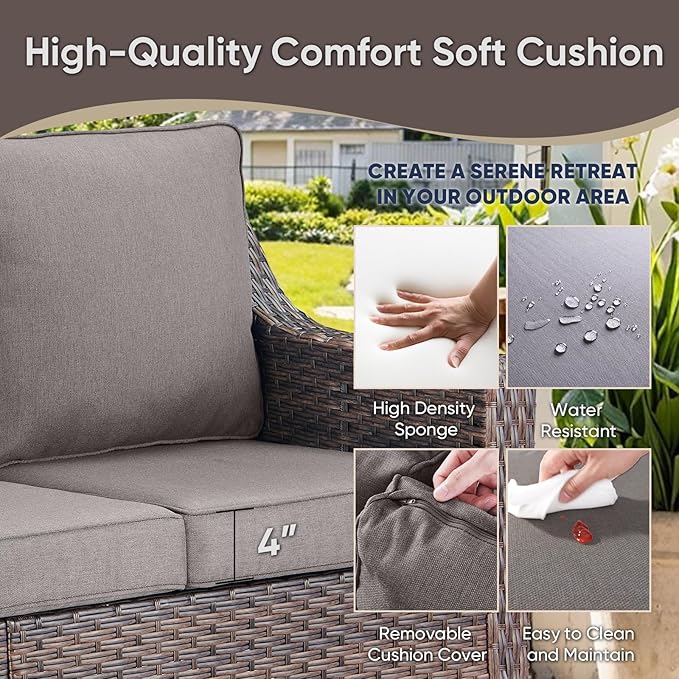 Outdoor Wicker Chair Patio Chairs-Rattan Wicker Chairs with Ottomans Patio Conversation Sets for Porch Garden Balcony Backyard Poolside-Brown/Grey