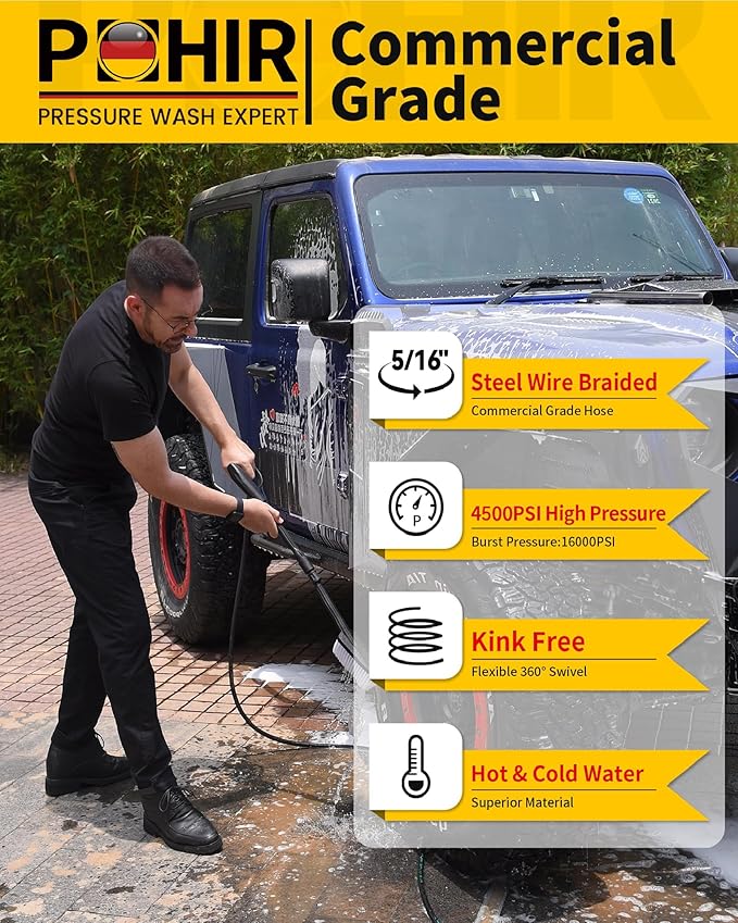POHIR Pressure Washer Hose 25ft 4500PSI, 5/16'' Power Washer Hose Steel Wire Braided 3/8'' Swivel Quick Connect, Commercial Grade Industrial High Pressure Water Washing Hose
