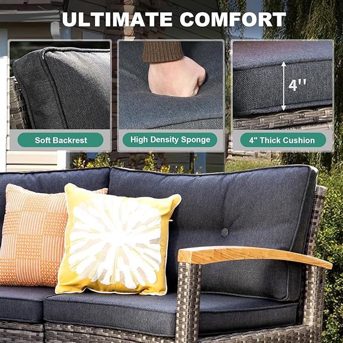MEISSALIVVE 8 Piece Outdoor Patio Furniture Set, Half-Moon Curved Sectional Set with Wood Armrests, 2 Half-Moon Ottomans, Round Table (Grey)