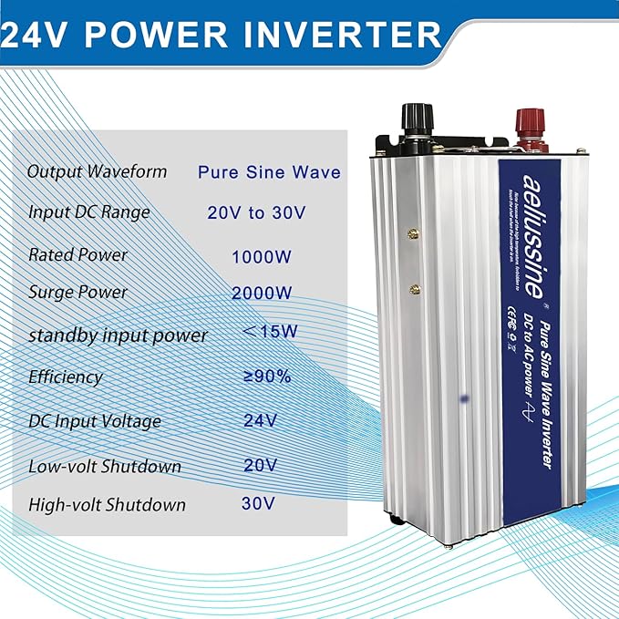 1000W Pure Sine Wave Inverter-24V DC to 110V 120V AC Power Converter with 2 AC Outlets, 24 Volt Power Inverter for Home, Emergency Power