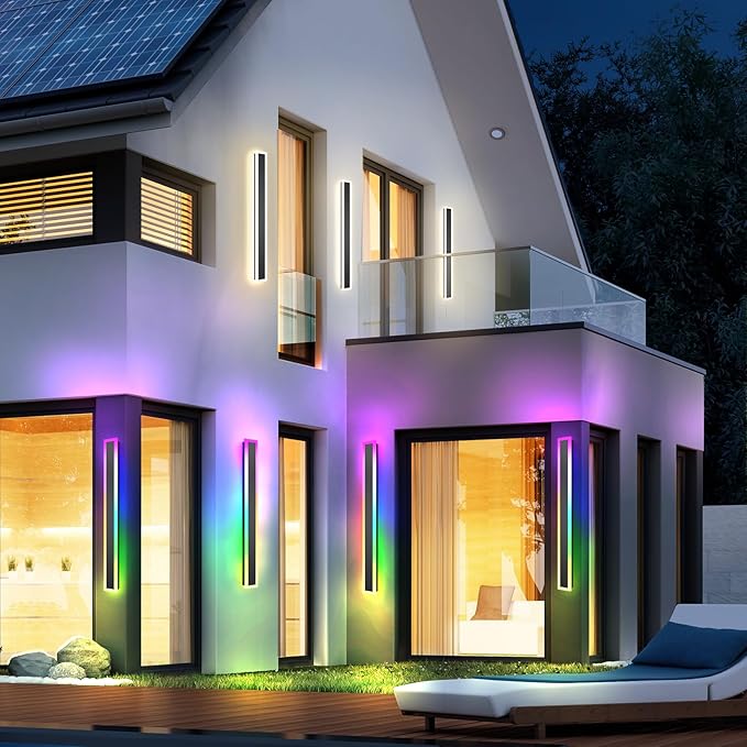 2 Pack Outdoor RGB Long Wall Lights, 70.8inch Wall Lights RGB/Warm/White Dimmable Modern Led Wall Lighting, Ip65 Waterproof Wall Sconce with Remote APP Control for Outdoor/Indoor Party Gathering