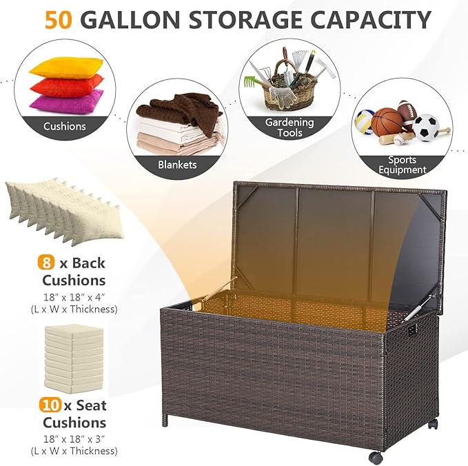 RELAX4LIFE Patio Rattan Storage Box - 50 Gallon All-Weather Wicker Storage Box w/Top Lid, Protective Liner and Wheels, Outdoor Deck Box Waterproof for Cushions, Toys, Garden Tools
