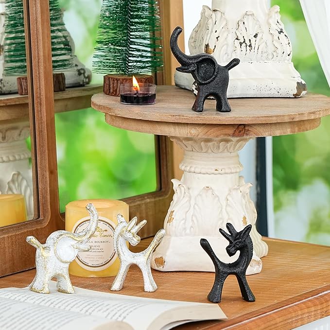 Sungmor Set of 2 Cast Iron Elephant & Unicorn Figurines - Rustic Black Animal Sculptures for Shelf, Desk, or Entryway - Heavyweight Decorative Mini Cute Statues - Whimsical Vintage Home Décor
