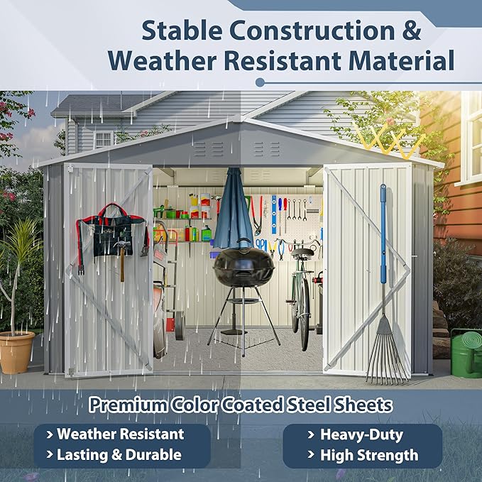 10X8 FT Outdoor Storage Shed W/Lockable Doors,Metal Shed W/Sloped Roof & Air Vents,All Weather Garden Tool House for Backyard Patio Lawn,Gray