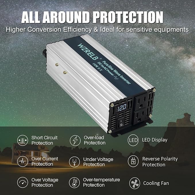 WZRELB 500W Pure Sine Wave Inverter 12V DC to 110V 120V AC Power Converter with LED Display, Off-Grid Portable Power Inverter with 2 AC Outlets for Home, RV, Truck, Camping