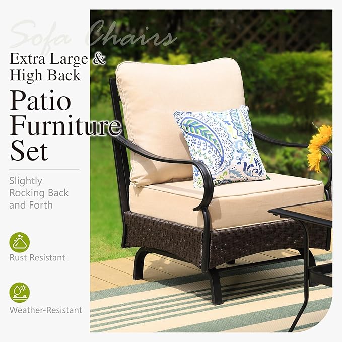 Sophia & William Patio Furniture Set, Outdoor Metal Conversation Set 9 Seats with 3-Seater Sofa, 2 Motion Chairs, 1 Loveseat, 2 Ottoman,1 Coffee Table for Seating, Lawn Porch Backyard,Beige