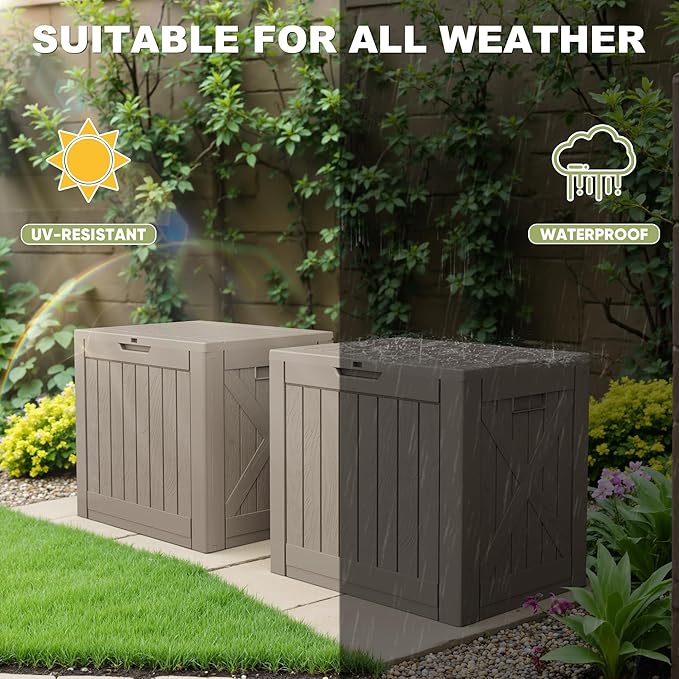 Greesum 40 Gallon Outdoor Deck Box, Resin Storage for Patio Furniture, Garden Tools, Pool Supplies, Weatherproof and UV Resistant, Lockable, Light Coffee