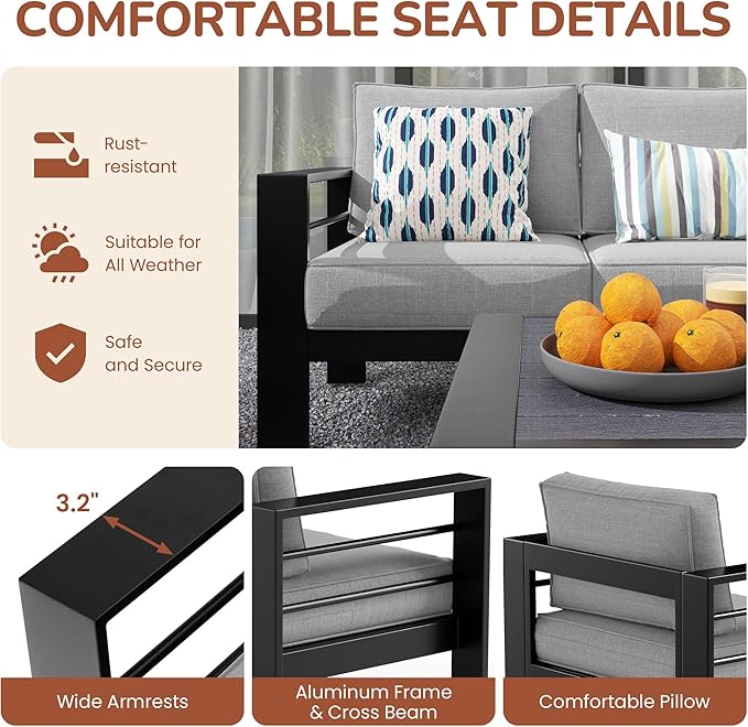 Solaste Outdoor Aluminum Furniture Set - 4 Pieces Patio Sectional Chat Sofa Conversation Set with Table,Black Frame and Grey Cushion
