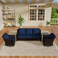 Vista Vibe 4 Pieces Outdoor Patio Conversation Furniture Set - 78" 3-Seat Sofa | 2 Swivel Glider Rocker Chairs | Wicker End Table, Rattan Loveseat, Upholstered Couch, Garden, Deck (Brown/Navy)