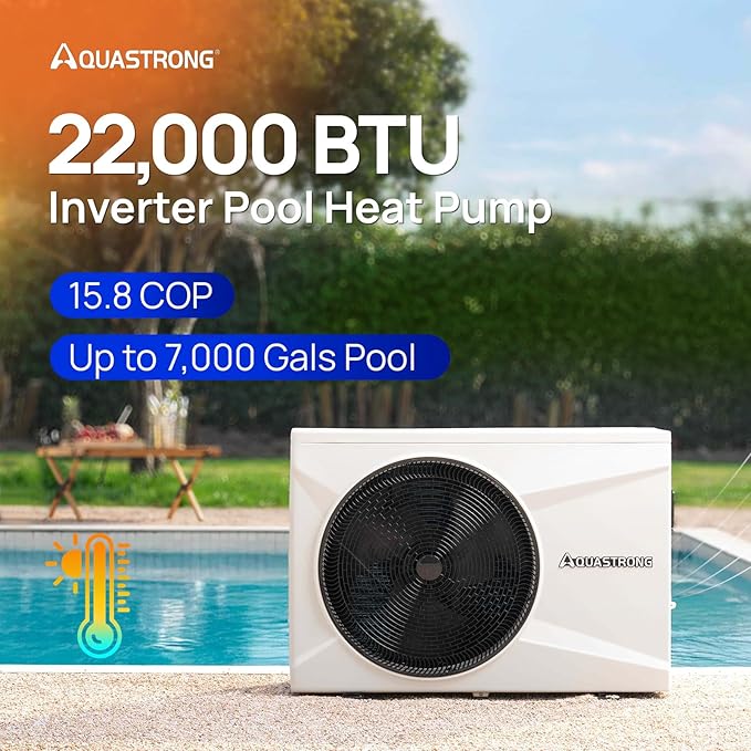 Aquastrong Inverter Swimming Pool Heat Pump, 22,000 BTU 7,000 Gallons Electric Pool Heater for Above Ground and Inground Pool, WiFi Capable Timer, Heating and Cooling Pool Heater 120V