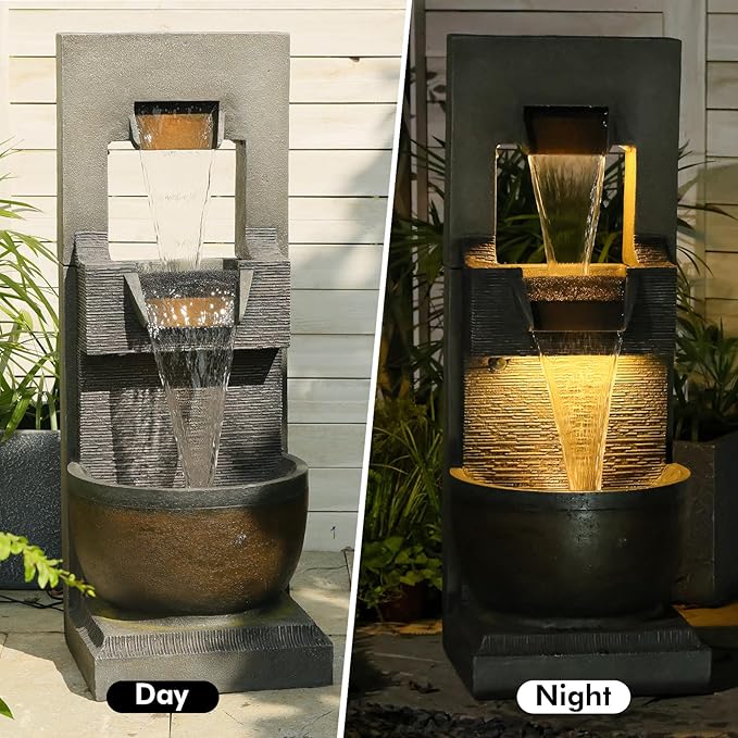 39" H Modern Outdoor Water Fountain with LED Lights and Pump, 3-Tier Standing Cascading Waterfall - Modern Design for Garden/Patio/Yard, Multi-Level Outdoor Decor 15“x14”x39“(Brown)