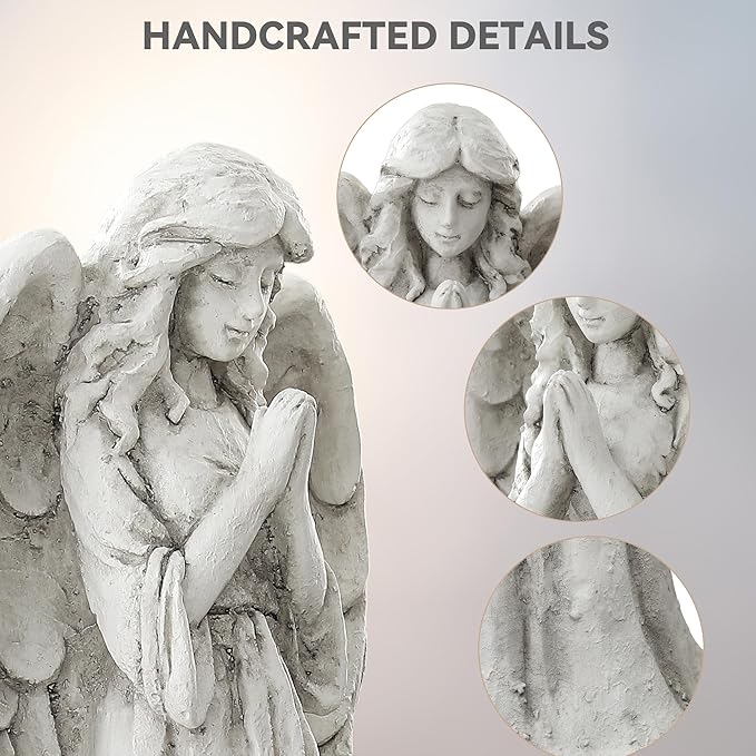 Praying Angel Statue for Outdoor Garden, 31 Inch Large Heavenly Memorial Sculpture,Durable Magnesium Oxide Stone for Yard, Patio or Cemetery Decor,Offering Comfort & Peace, Antique White