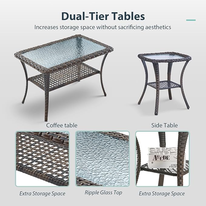 7 Piece Patio Furniture Set - Wicker Patio Conversation Set with Swivel Glider, 3 Seat Sofa, 2 Ottomans, Glass Side Table and Coffee Table for Deck Backyard - Brown Wicker Blue Cushion