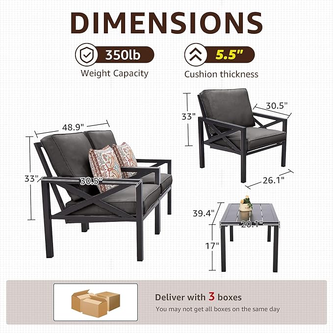 NATURAL EXPRESSIONS Outdoor Patio Furniture 4 Pieces Set, Modern Patio Conversation Sets, Outdoor Sectional Metal Sofa with 5.5 Inch Cushion and Coffee Table,Black