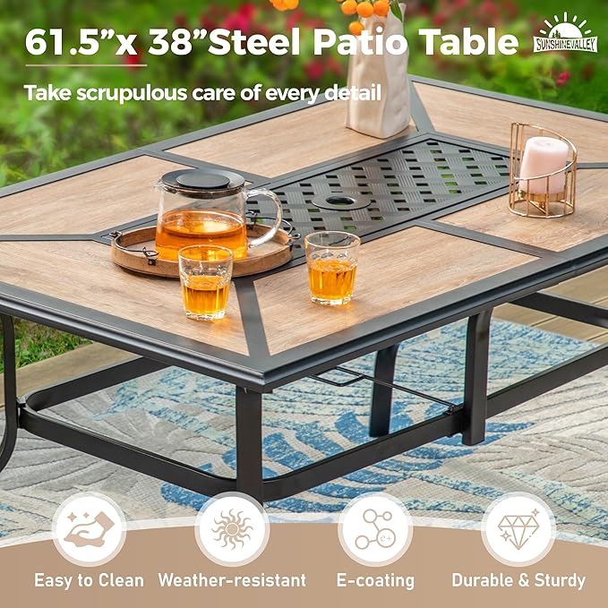 7 Pcs Patio Dining Set for 6, Metal Rectangular Dining Table (PVC Table Top) with Umbrella Hole and 6 Chairs, Outdoor Dining Set for Lawn Garden Deck, Blue