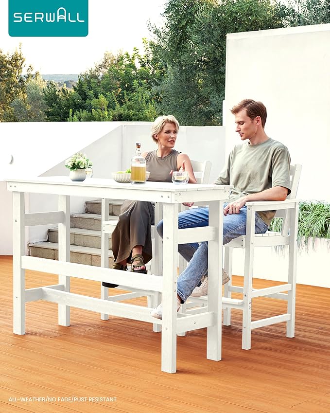 SERWALL All Weather HDPE Outdoor Patio Bar Set, Outdoor Bar Table and Chairs Set, Adirondack Bar Chairs Set of 2 and Bar Height Table, Outdoor Furniture for Outside, Poolside, Backyard, Garden, White