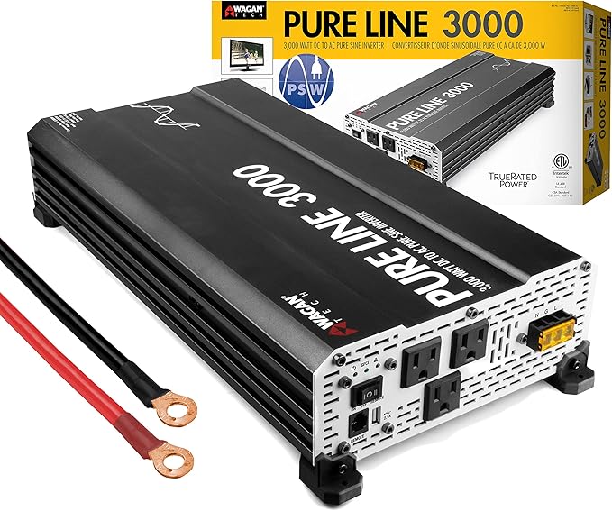Wagan EL3810 Pure Line 3000 watt Power Inverter 6000 Watt Peak Surge Power DC 12V to 110V AC Car Inverter ETL Certified