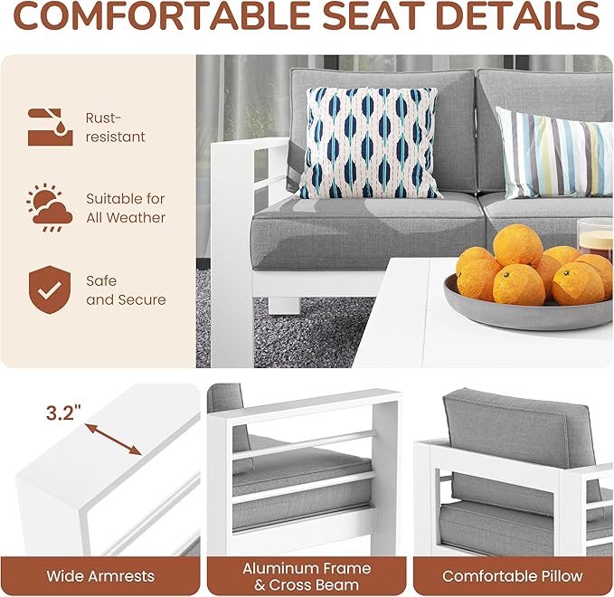 Solaste Aluminum Patio Furniture Set with Fire Pit Table, 5 Piece Metal Outdoor Furniture with Water-Resistant Cushions, Modern Patio Conversation Set for Balcony, Front Porch, and Backyard
