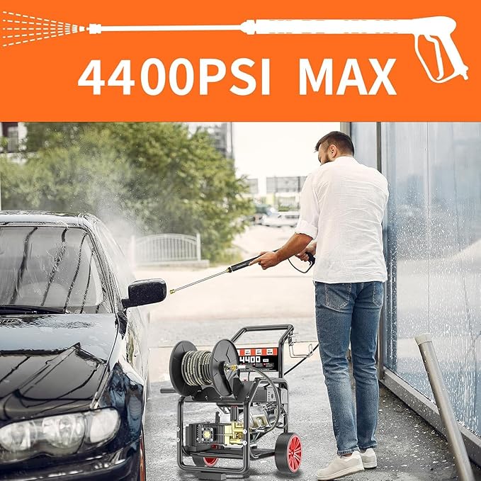 4400PSI Gas Pressure Washer with Hose Reel, 4 GPM, One-Button Electric Start 420CC 15HP Commercial Pressure Washer with 50FT 3/8" Hose, Spray Gun & Wand, 5 Quick Connect Nozzles