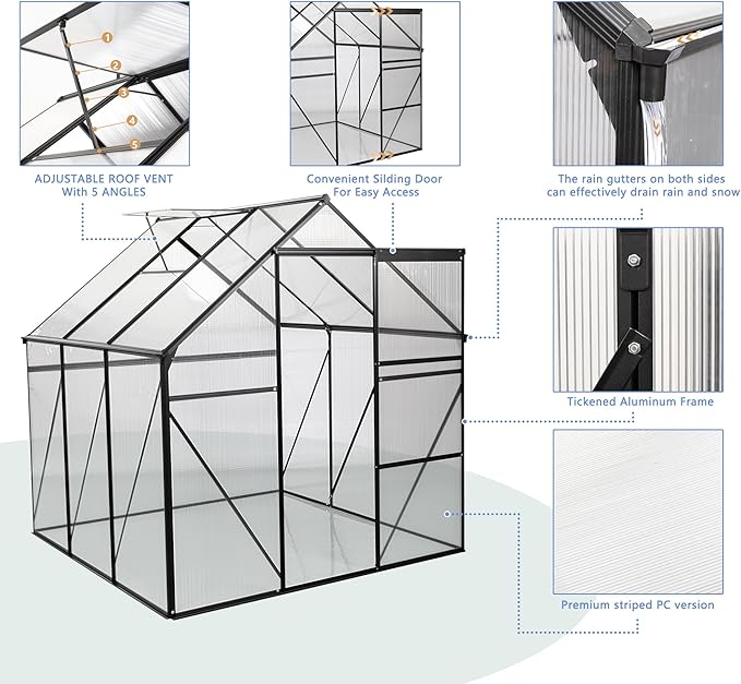 6x6 FT Polycarbonate Greenhouse,All Season Heavy Duty Walk-in Garden Plants Green House for Outdoor Backyard,Raised Base and Anchor Aluminum,Easy to Install,Black