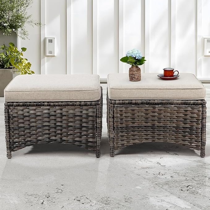 4 Piece Patio Furniture Set, 2 Swivel Glider Chairs and 2 Ottomans PE Wicker Footstool, Outdoors Rattan Conversation Set with Deep Seating and Olefin Cushions, for Backyard, Garden, Beige