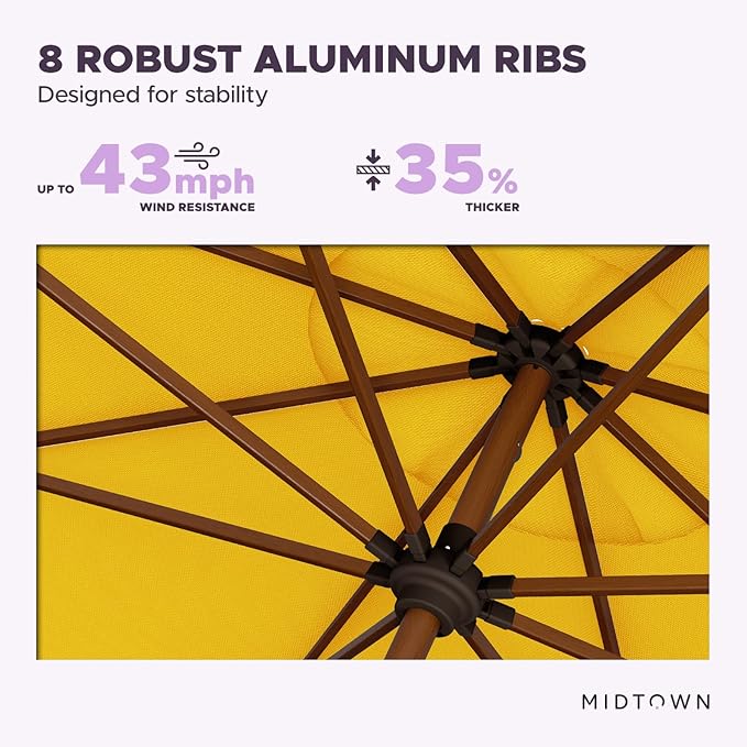 Midtown Umbrellas The Wooden 2-10 Feet Large Patio Umbrella, Terylast Sunflower Yellow Fabric, Aluminum Frame For Backyard Umbrella, Deck Umbrella, Garden Umbrella & Pool Umbrella - Wooden Pole